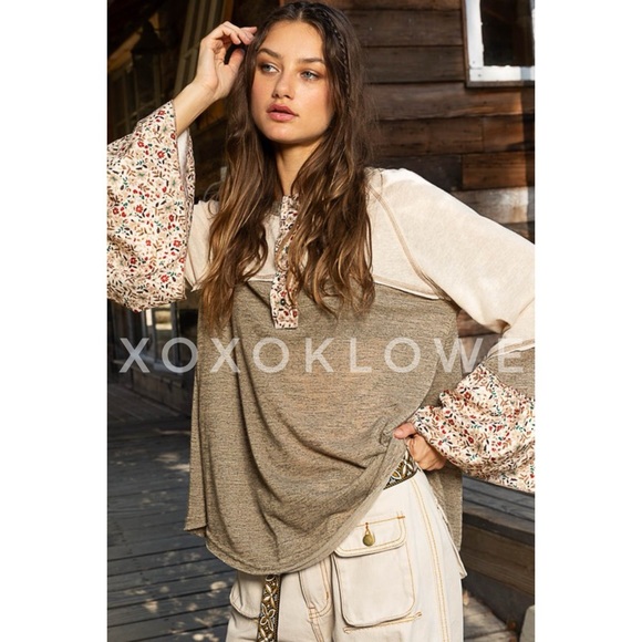 POL Olive + Cream Floral Sleeve Half Button Henley Top - Picture 9 of 16